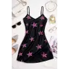 Yıldız Desenli Siyah Askılı Saten Gecelik