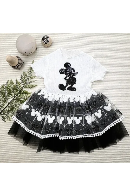 1-2-3 Yaş Payetli Mickey Baskılı Brode Etekli Kız Bebek Elbisesi