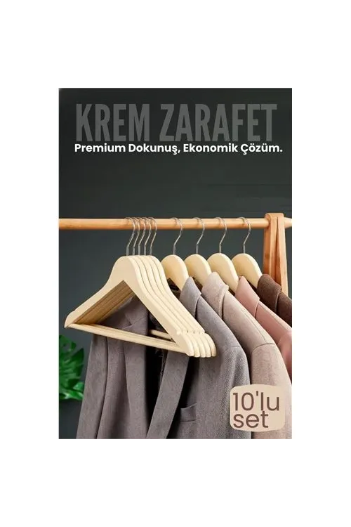 10lu Lüks Krem Elbise Ceket Askısı - Ergonomik & Kaymaz Plastik Askı Seti -  Ahşap Görünümlü 722534