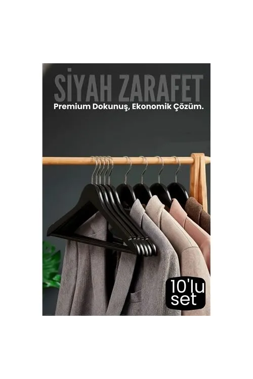 10lu Lüks Siyah Elbise Ceket Askısı - Ergonomik & Kaymaz Plastik Askı Seti -  Ahşap Görünümlü 722535