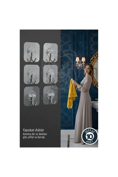 10lu Şeffaf Yapışkanlı Askı, Mutfak Banyo Duvar Askısı, Çivisiz Pratik Kanca Seti