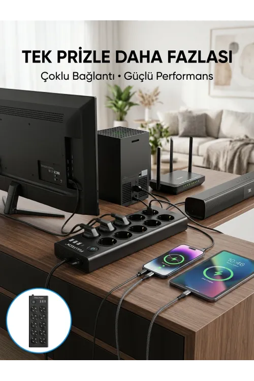 10 Prizli Usb Destekli Çoklu Priz Type-c Şarj Girişli Güvenli Güç Ünitesi
