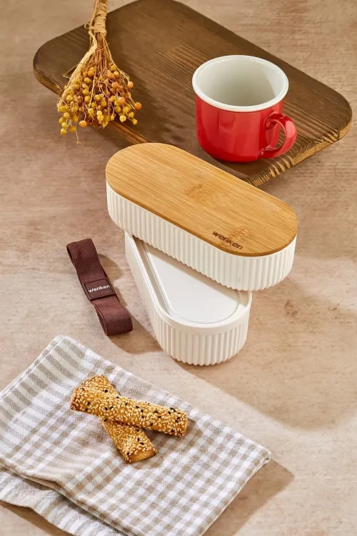1000ml Ahşap Kapaklı Lunch Box 2li Set Diyet Beslenme Kutusu Bambu Saklama Kabı