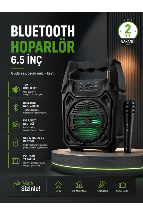 10w Güçlü Ses Performanslı Bluetooth Karaoke Hoparlörü