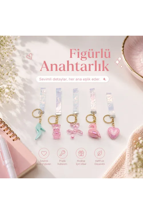 12 Adet Figürlü Anahtarlık Mix = Desen - Renk