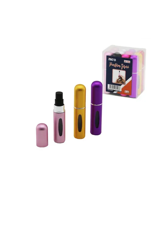 12 Adet Mini=cep - Çanta Boy Boş Sprey Parfüm Şişesi 5ml Renkli Pls. Seviye Pencereli