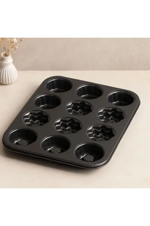 12 Gözlü Metal Muffin Kek Kalıbı - Siyah