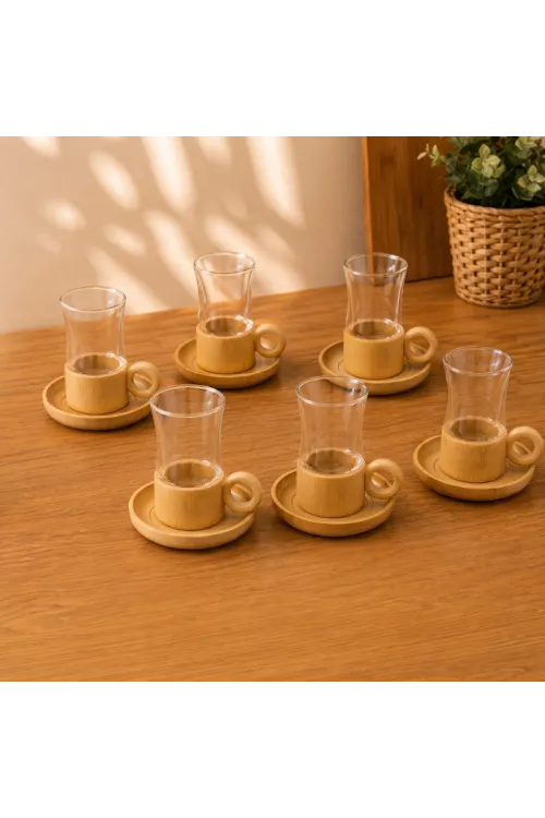 12 Parça Çay Seti - Bambu Bardak Altığı - Çift Cidarlı Cam - 150 ml