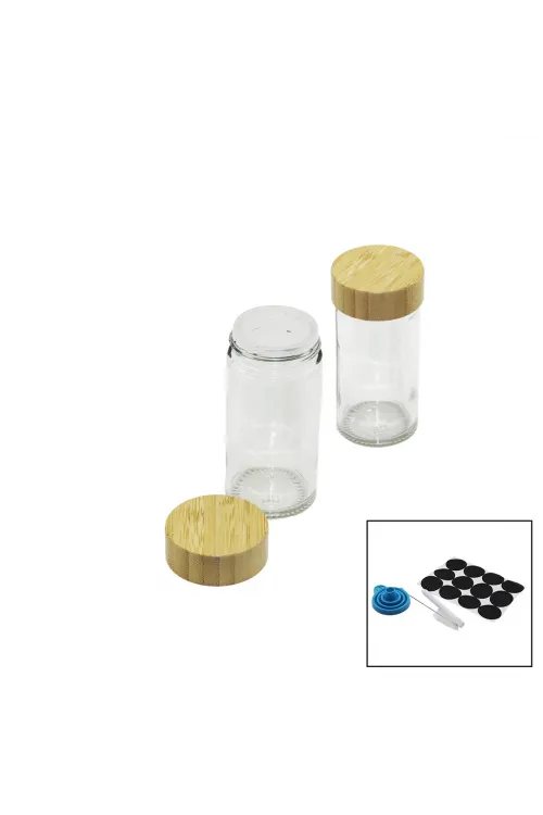 12 Pcs Takım Yuvarlak Cam Baharatlık - Tuzluk Bambu Kapaklı
