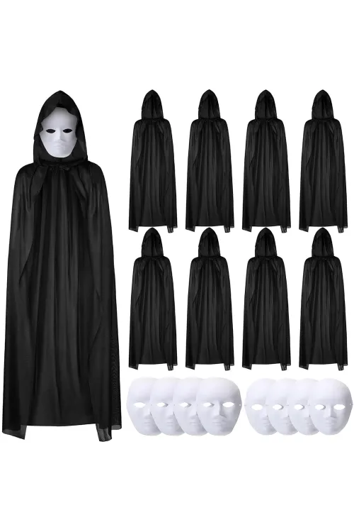 120 Cm Siyah Kapüşonlu Pelerin Ve Boyanabilir Karton Maske 8’li Set