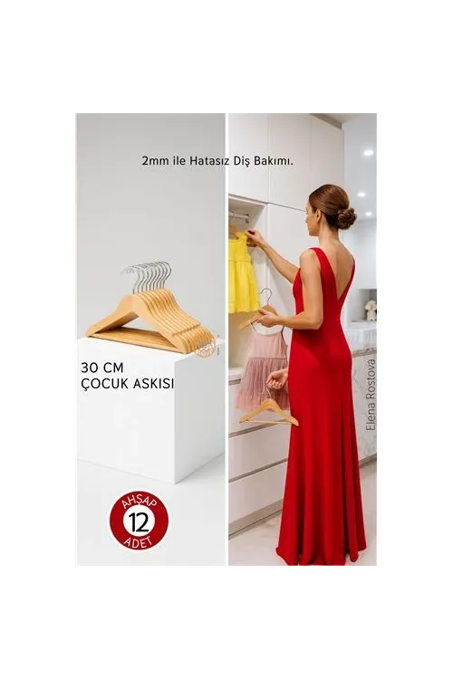 12’li Lüks Masif Ahşap Çocuk Askı Seti - Elena Rostova Stil Seçkisi - 30 cm 719137