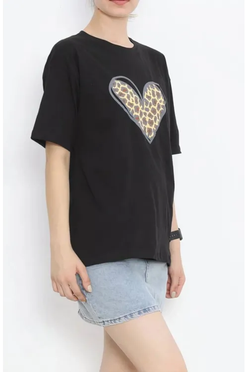14 Şubat Sevgililer Günü Leopar Kalp Baskılı Oversize Bisiklet Yaka T-shirt - Siyah
