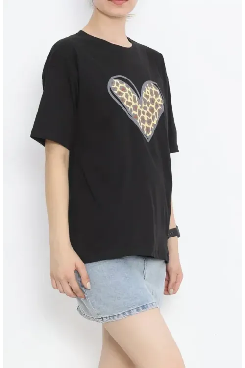 14 Şubat Sevgililer Günü Leopar Kalp Baskılı Oversize Bisiklet Yaka T-shirt - Siyah