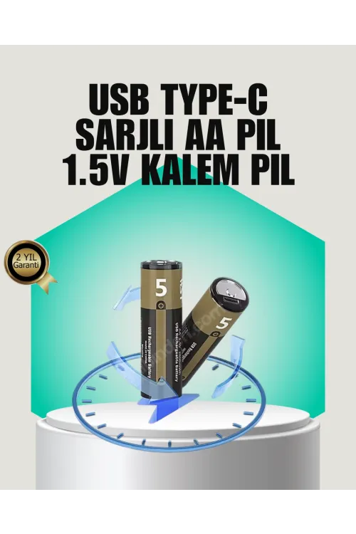 1.5v Aa Şarjlı Lityum Pil | 1000+ Kez Şarj Edilebilir | Hızlı Type-c Şarj (2 Adet)
