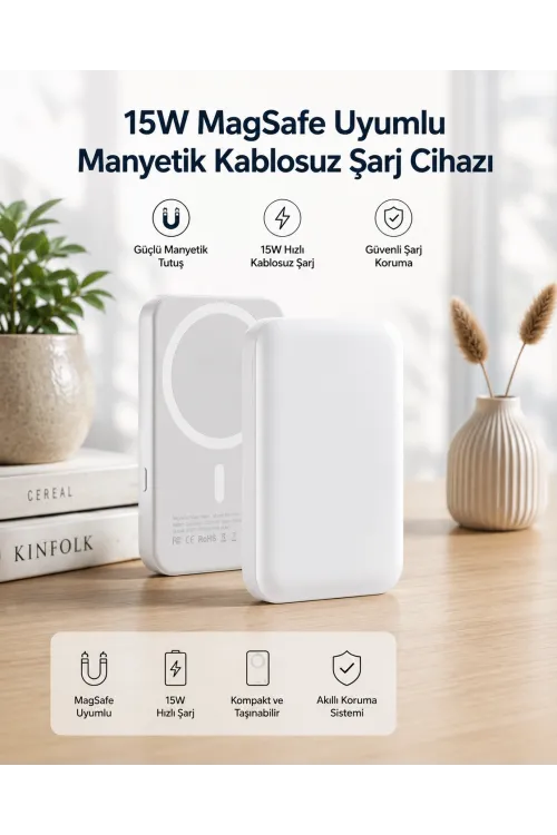 15w Magsafe Uyumlu Manyetik Kablosuz Powerbank 5000 Mah