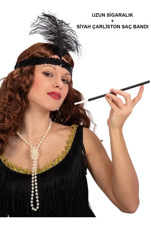 192039ler Gatsby Aksesuar Seti – Siyah Charleston Saç Bandı  Lık