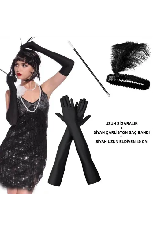 192039ler Gatsby Aksesuar Seti – Siyah Charleston Saç Bandı, Uzun Eldiven  Lık
