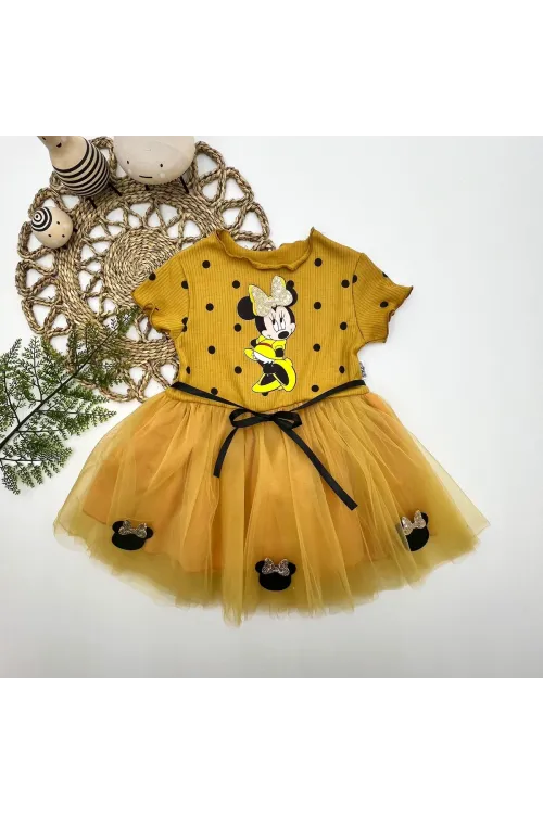 2-3-4 Yaş Puantiyeli Mickey Baskılı Kurdela Kuşaklı Astarlı Kız Bebek Tütü Elbisesi