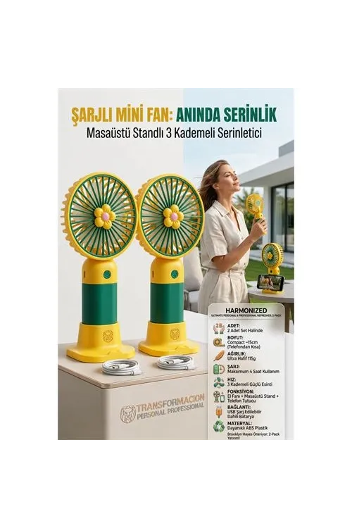 2 ADET Şarjlı Mini El Fanı Taşınabilir Masaüstü Vantilatör max 4 saat 723211