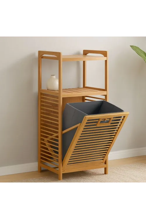 2 Katlı Bambu Çamaşır Sepeti Önden Çek-Aç Organizer 40x35x95 cm