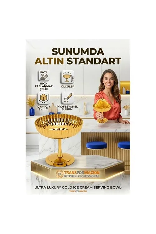 2li Profesyonel İnox Gold Paslanmaz Çelik Ayaklı Dondurma ve Tatlı Sunum Kasesi Seti 723150