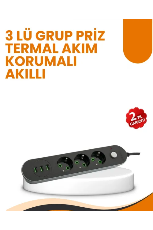 2 Metre Kablolu 3 Usb Portlu Anahtarlı Üçlü Priz