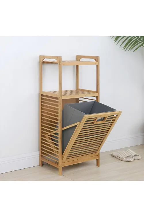 2 Organizer Raflı - Çek Aç Sepet Ahşap Bambu Kirli Çamaşır Sepet 40x35x95cm