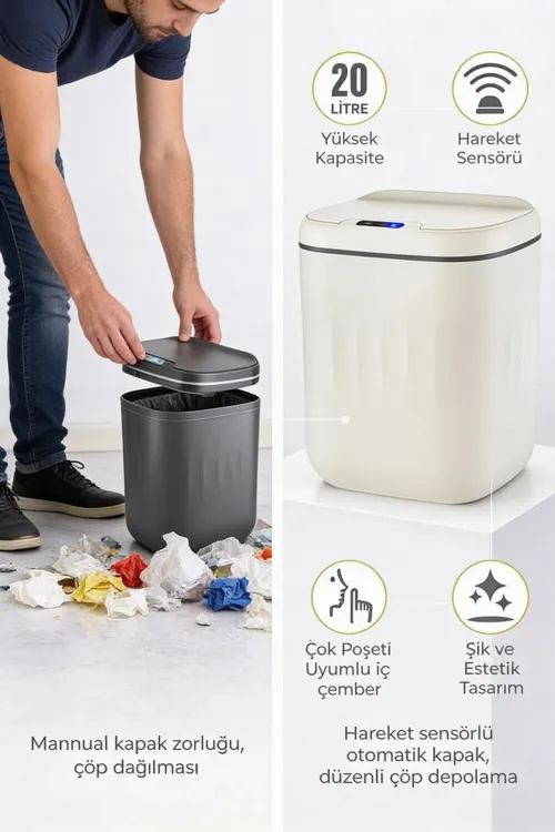 20 Litre Hareket Sensörlü Akıllı Çöp Kovası Beyaz