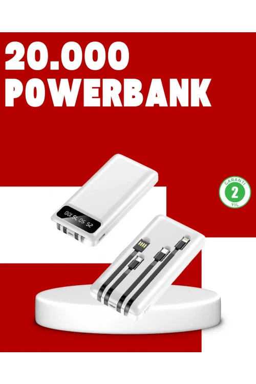20.000mah Pd Powerbank Led Işık Lcd Ekran Dahili Kablo Çoklu Giriş