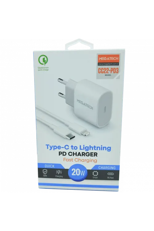 20W PD TYPE-C To İphone Şarj Aleti Megatech CC22-PD3