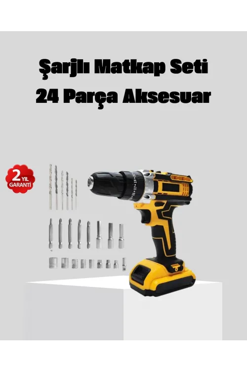 24 Parça Çift Bataryalı Akülü Darbeli Matkap – Güçlü Motor, Metal Dişli, Led Işıklı