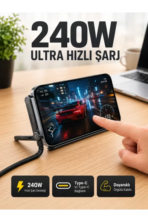 240w Type-c Telefon Standlı Örgülü Şarj Ve Data Kablosu
