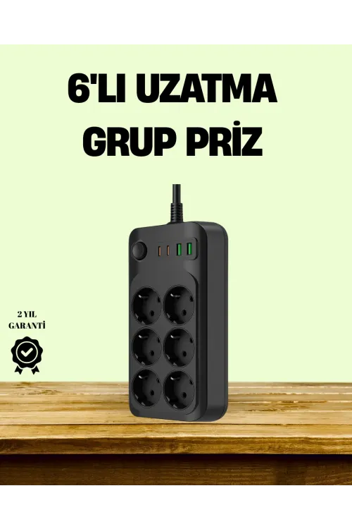 2500w Güçlü 6’lı Priz Usb Ve Type-c Çıkışlı Termal Korumalı