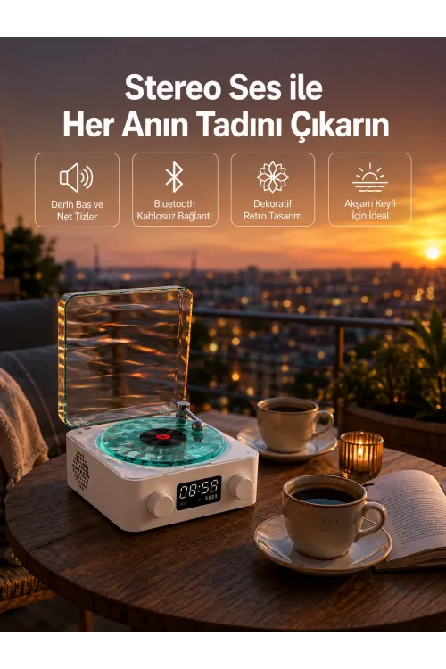 3-1 Kablosuz Bluetooth Hoparlör – Gece Lambalı, Saatli, Retro Tasarım