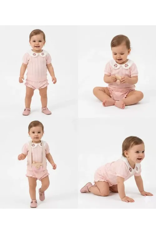 3/12 Ay Çiçekli Yaka Jakar Kumaş Şortlu Bebek Takımı
