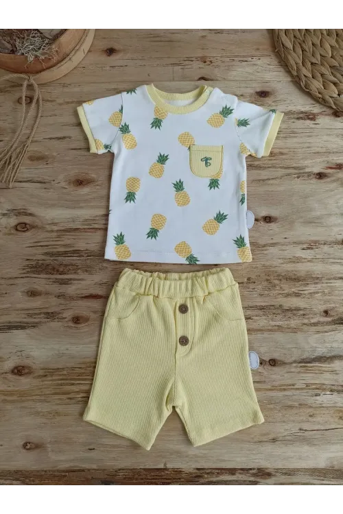 3-6 6-9 9-12 Ay Ananas Baskılı Şort Tişört 2 Li Kız Erkek Bebek Takımı
