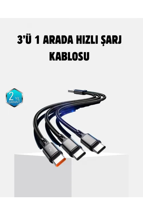 3 Başlıklı Hızlı Şarj Kablosu Metal Alaşımlı Dayanıklı Ve Akıllı Çipli