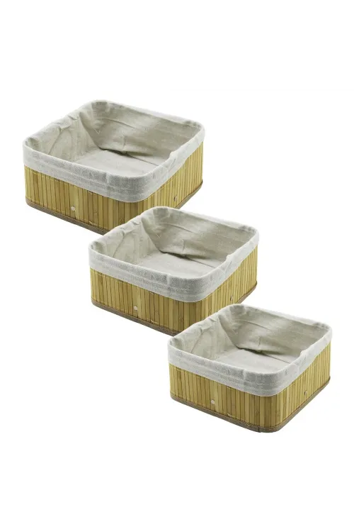 3 Boy Kare Bambu Kenar Organizer Sepet Ahşap Altlık - Bezli 17x17-21x21-26x26cm