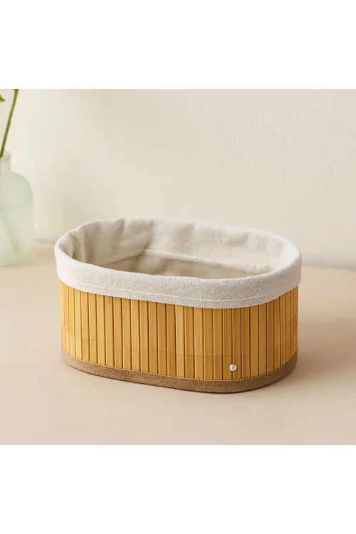 3 Boy Oval Organizer Sepet - Bambu Kenarlı, Ahşap Tabanlı, Bezli