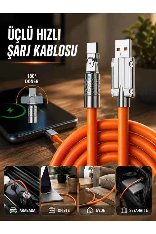 3 İn 1 Süper Hızlı Şarj Kablosu Android Ve İos Uyumlu Silikon Şarj Kablosu