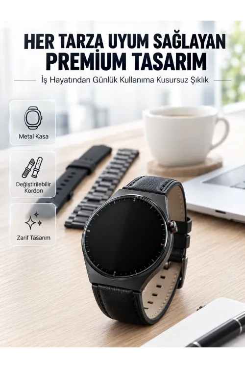 3 Kordonlu Amoled Ekran Bluetooth Aramalı Akıllı Saat Metal, Deri Ve Silikon Kordon Seti