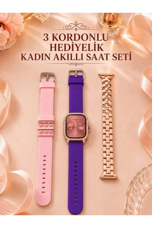 3 Kordonlu Rose Gold Kasalı Kadın Akıllı Saat Seti