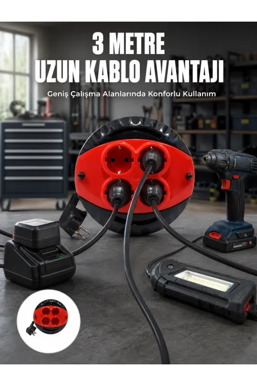 3 Metre Kablolu 4’lü Kırmızı Priz Makara