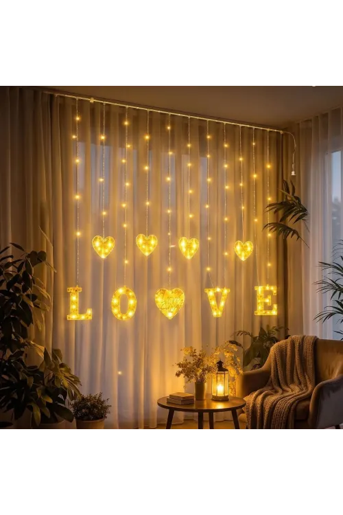 3 Metre Perde Led Işık - 8 Modlu Kalp ve LOVE Figürlü Dekoratif Animasyonlu Led