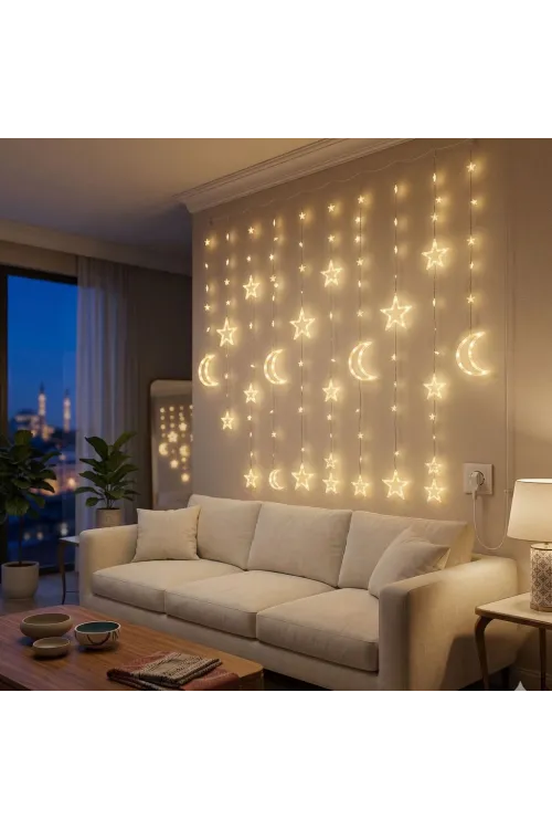 3 Metre Perde LED Işık Zinciri - Yıldız ve Ay Figürlü Sarı Işık Uç Uca Eklenebilir