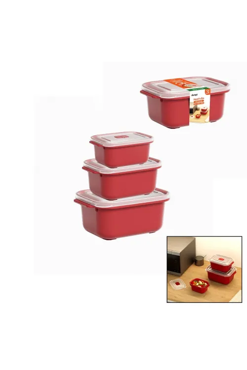 3 Pcs Kırmızı Dikdörtgen Saklama Kab Set 500-1000-2000ml