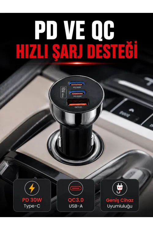 3 Portlu Araç İçi Şarj Adaptörü Çift Pd Type-c Ve Qc3.0 Usb Çıkışlı