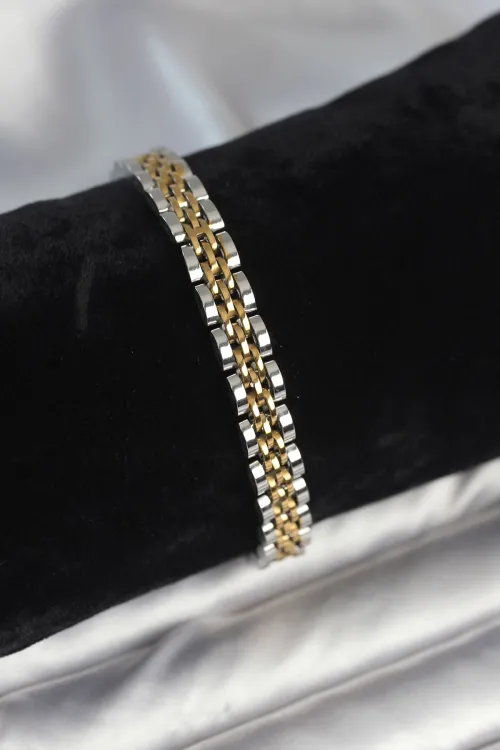 ietaks™ 316L Çelik 7 mm Kalınlıkta Gold ve Gümüş Renkli Erkek Bileklik