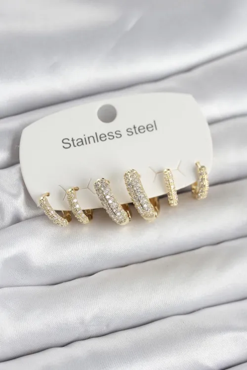 316L Çelik Gold Renk 6lı Set Zirkon Taşlı Halka Model Kadın Küpe