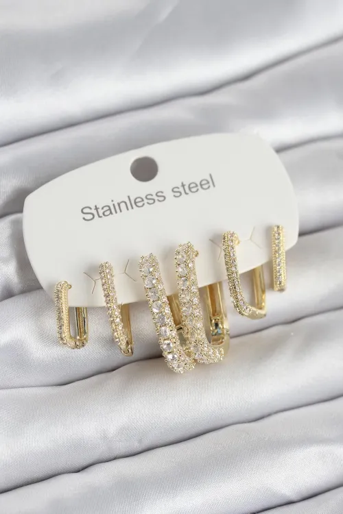 316L Çelik Gold Renk 6lı Set Zirkon Taşlı Kadın Küpe